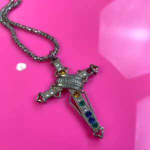 Photo detail:7-65 COLORFUL RHINESTONE OVERSIZED CROSS PENDANT NECKLACE MESH SNAKE CHAIN