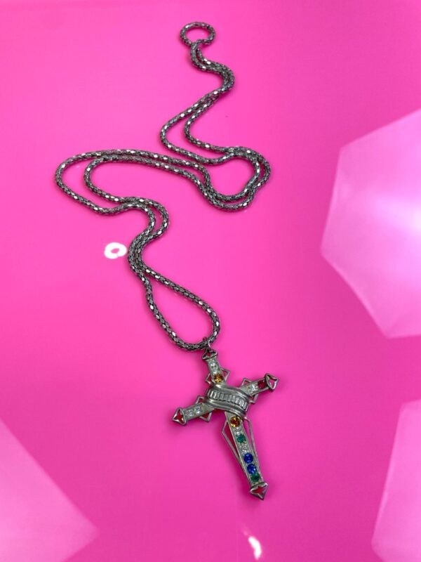 7-65 COLORFUL RHINESTONE OVERSIZED CROSS PENDANT NECKLACE MESH SNAKE CHAIN