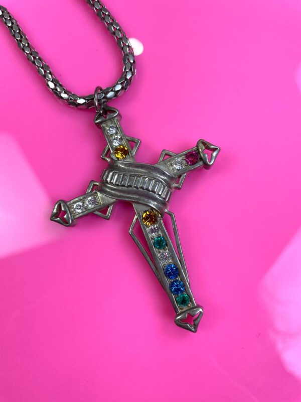 7-65 COLORFUL RHINESTONE OVERSIZED CROSS PENDANT NECKLACE MESH SNAKE CHAIN