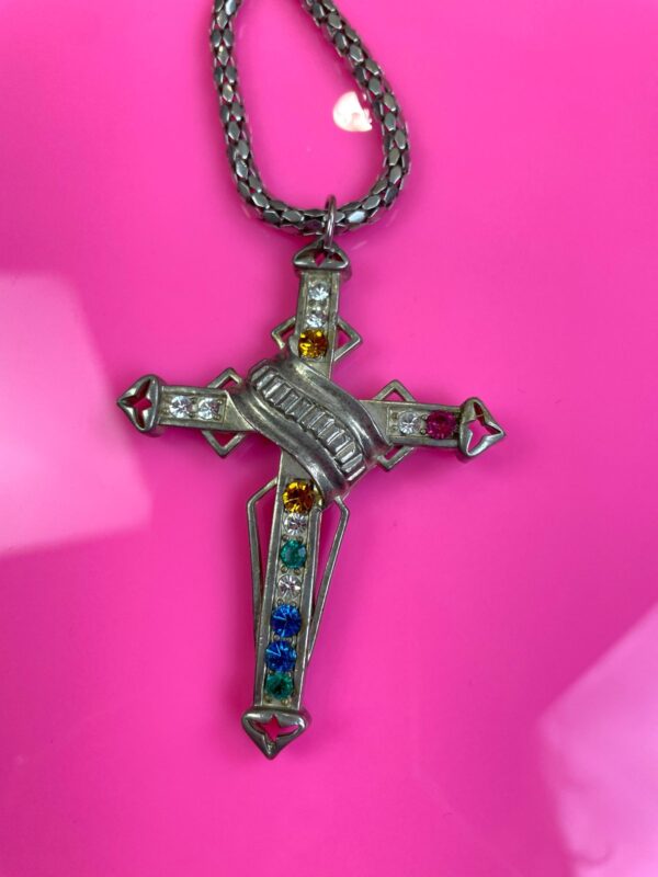 7-65 COLORFUL RHINESTONE OVERSIZED CROSS PENDANT NECKLACE MESH SNAKE CHAIN