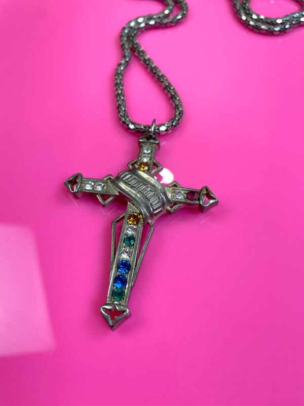 7-65 COLORFUL RHINESTONE OVERSIZED CROSS PENDANT NECKLACE MESH SNAKE CHAIN