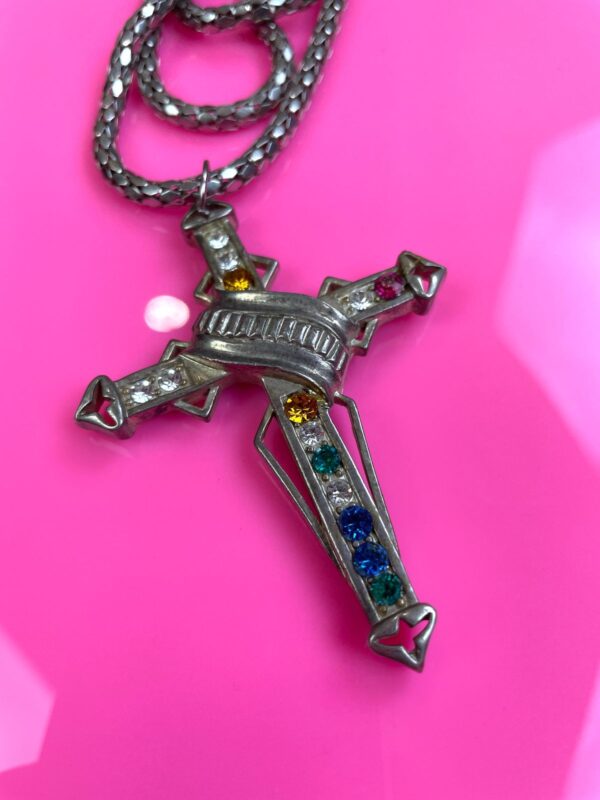 7-65 COLORFUL RHINESTONE OVERSIZED CROSS PENDANT NECKLACE MESH SNAKE CHAIN