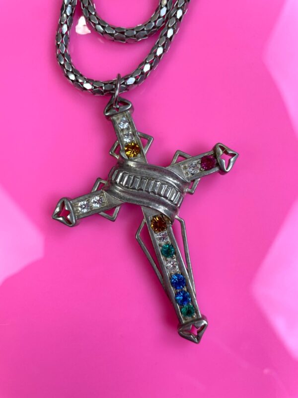 7-65 COLORFUL RHINESTONE OVERSIZED CROSS PENDANT NECKLACE MESH SNAKE CHAIN