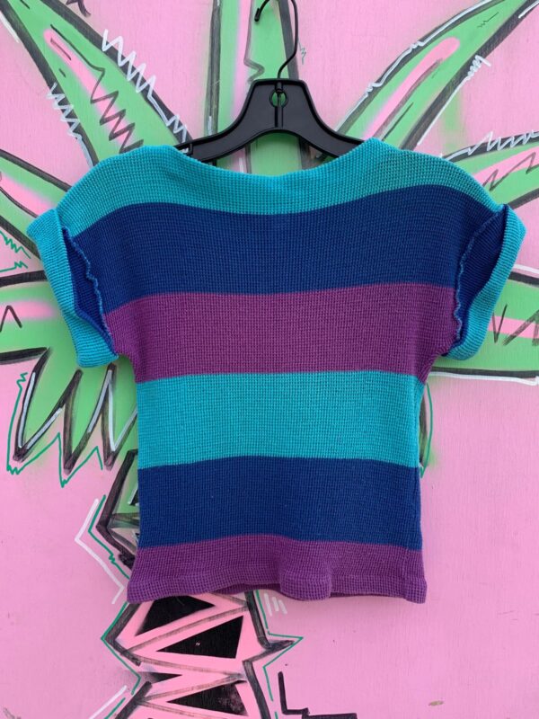 LOVE! 1970S COTTON MESH WAFFLE KNIT COLOR BLOCK SHORT SLEEVE TOP