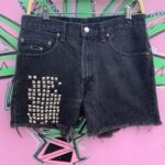 RAD! PERFECT! STUDDED & PATCHED FRONT BLACK LEVIS 505 CUT OFF DENIM SHORTS, LONGER CUT