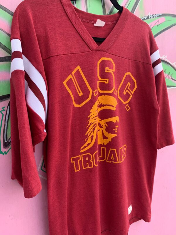 DEADSTOCK RETRO 1970S-80S USC TROJANS V-NECK T-SHIRT STRIPED ARMS