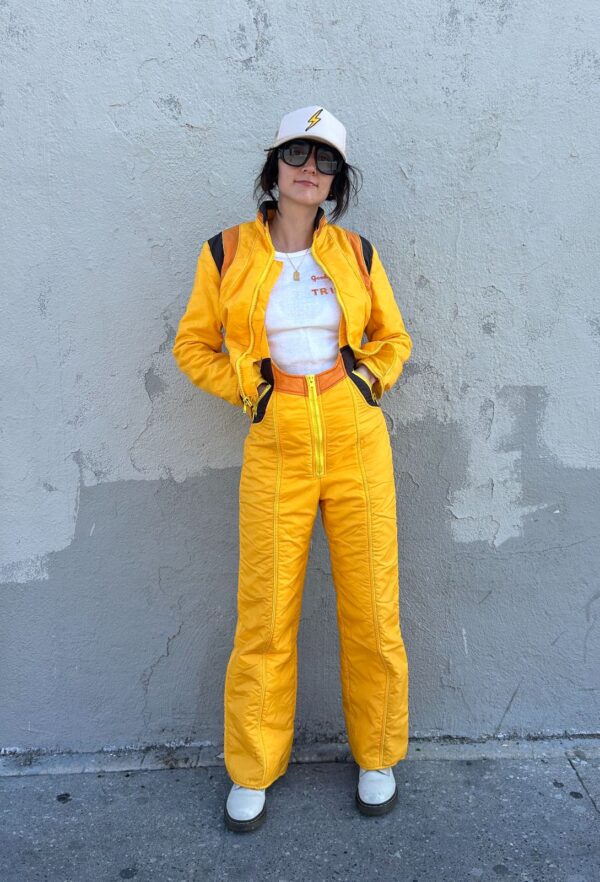 1970S TWO PIECE SUSPENDER SNOW BIB AND ZIP UP PUFFER JACKET
