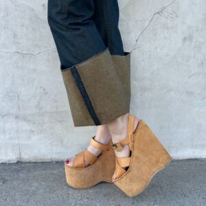 Photo detail:WOW! SKY HIGH! 1970S LEATHER & SUEDE STRAPPY BRASS BUCKLED SUEDE WRAPPED WOODEN PLATFORM WEDGES, MADE IN BRAZIL