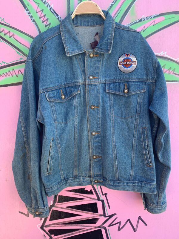 AS-IS 1996 HARLEY DAVIDSON BIKER BASH EMBROIDERED DENIM TRUCKER JACKET