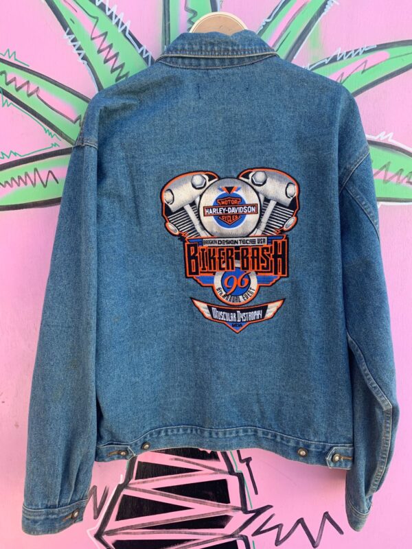 AS-IS 1996 HARLEY DAVIDSON BIKER BASH EMBROIDERED DENIM TRUCKER JACKET