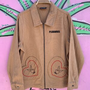 Photo detail:PLEASURES X PLAYBOY OPEN HEART EMBROIDERED 100% COTTON CANVAS ZIP UP JACKET