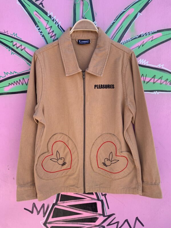 PLEASURES X PLAYBOY OPEN HEART EMBROIDERED 100% COTTON CANVAS ZIP UP JACKET