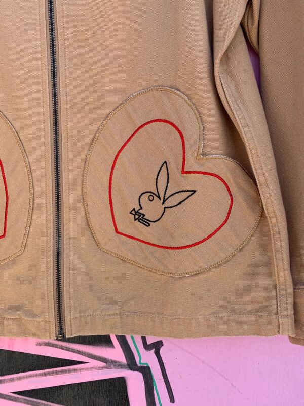 PLEASURES X PLAYBOY OPEN HEART EMBROIDERED 100% COTTON CANVAS ZIP UP JACKET