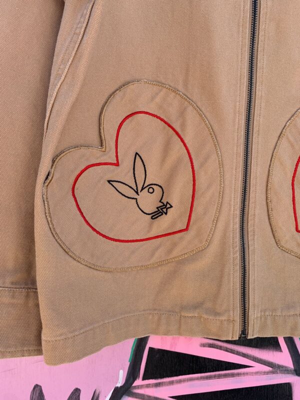 PLEASURES X PLAYBOY OPEN HEART EMBROIDERED 100% COTTON CANVAS ZIP UP JACKET