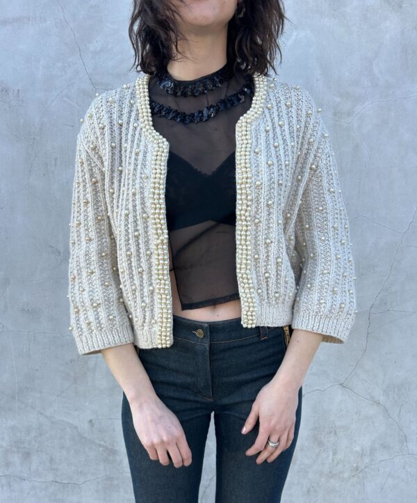 AMAZING! 1950S CHUNKY KNIT PEARL EMBELLISHED CARDIGAN SWEATER