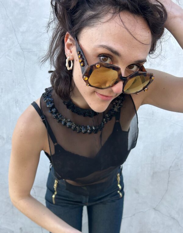 OVERSIZED OCTAGON SHAPE YELLOW LENSE SUNGLASSES RHINESTONE DETAILS