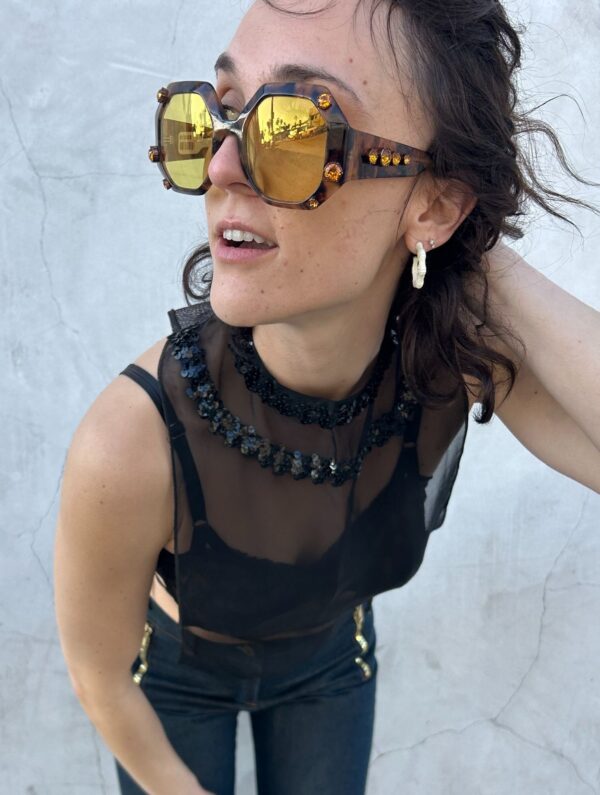 OVERSIZED OCTAGON SHAPE YELLOW LENSE SUNGLASSES RHINESTONE DETAILS