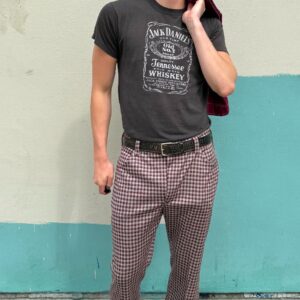 Photo detail:RAD 1970S TWO TONED HOUNDSTOOTH DOUBLE KNIT FLARED TROUSERS BRASS TALON ZIPPER