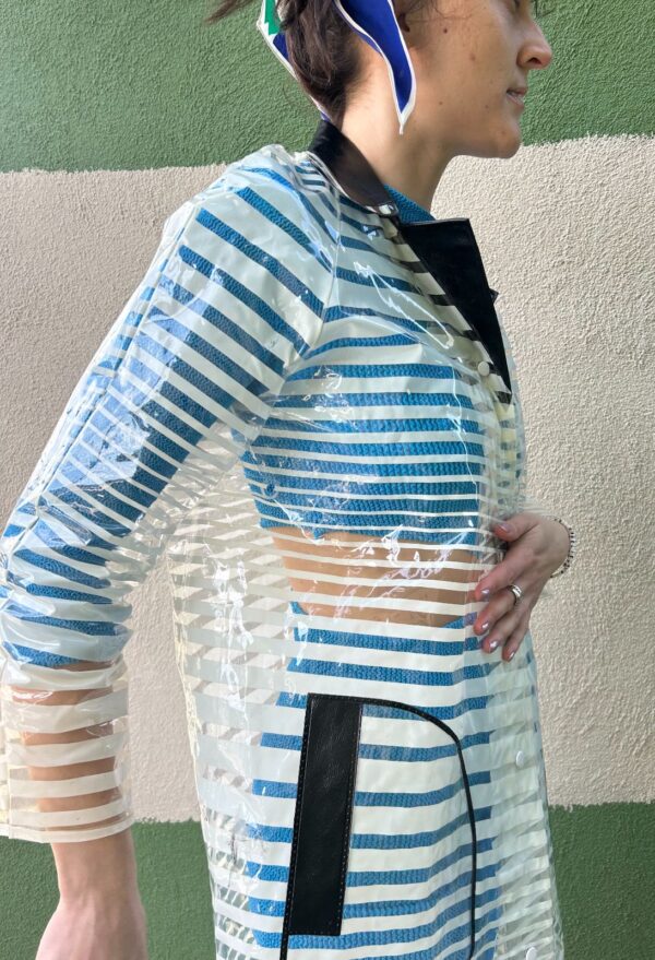 1960S MADE IN JAPAN VINYL STRIPE BLACK TRIM TRANSPARENT RAIN JACKET