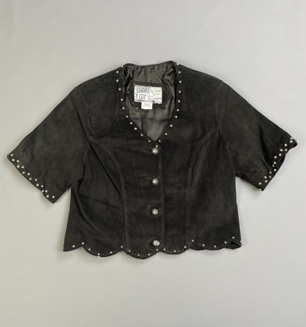 CUUUTE! 1980S-90S STAR STUDDED SHORT SLEEVE CROPPED SUEDE JACKET SCALLOPED HEM