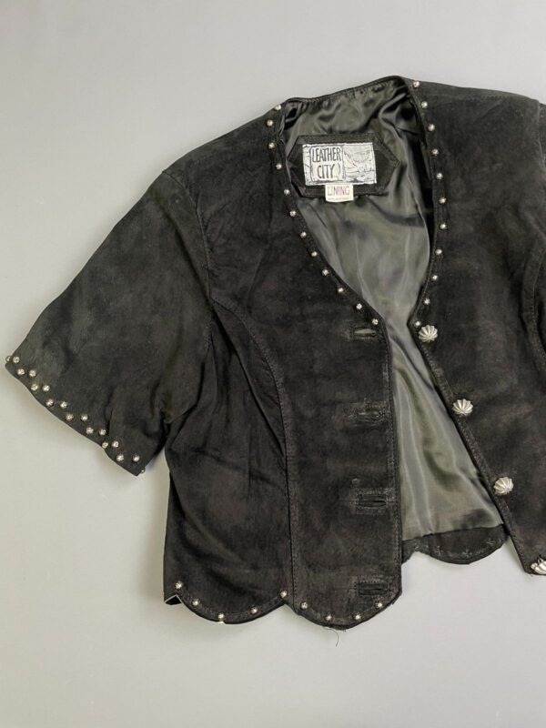 CUUUTE! 1980S-90S STAR STUDDED SHORT SLEEVE CROPPED SUEDE JACKET SCALLOPED HEM