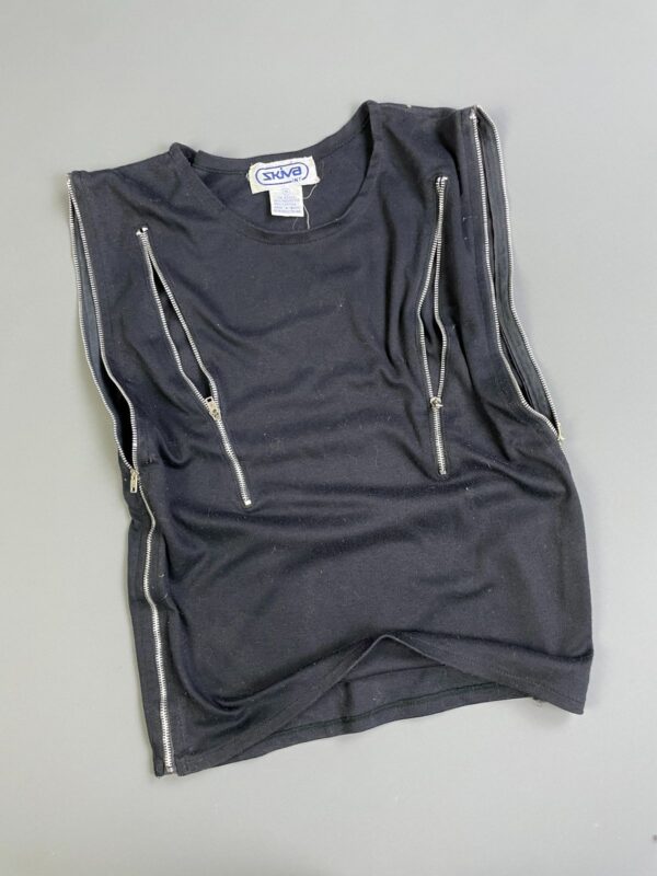 *AS-IS* LOVE THIS! 1980S-90S SLEEVELESS COTTON MULTI ZIPPER TRIMMED TOP- FUNCTIONAL ZIPPERS!