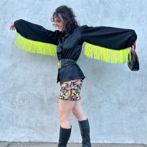 Photo detail:TOTALLY WILD! 1970S EXTREME DAGGER COLLAR LONG SLEEVE ACETATE BUTTON DOWN SHIRT NEON YELLOW ATTACHED FRINGE