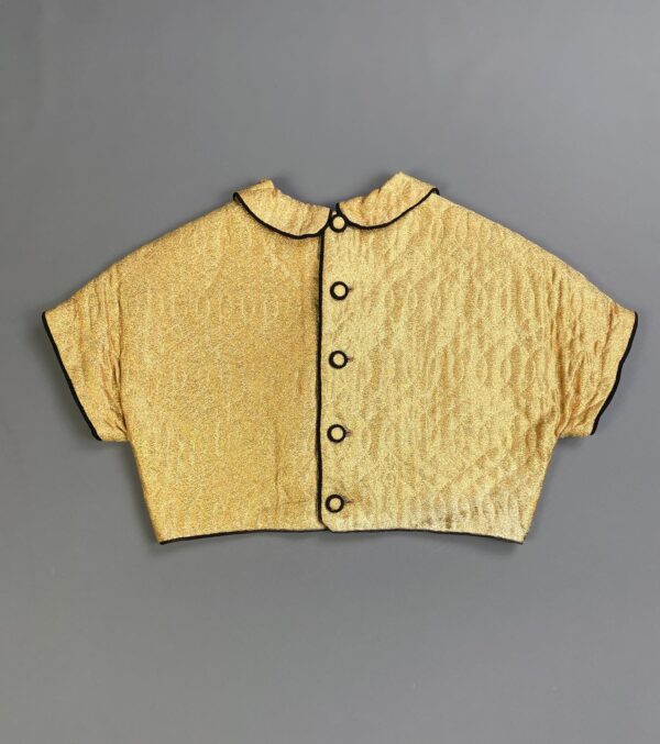 WOW! 1950S METALLIC GOLD QUILTED CROPPED TOP, BLACK PIPING & RIBBON