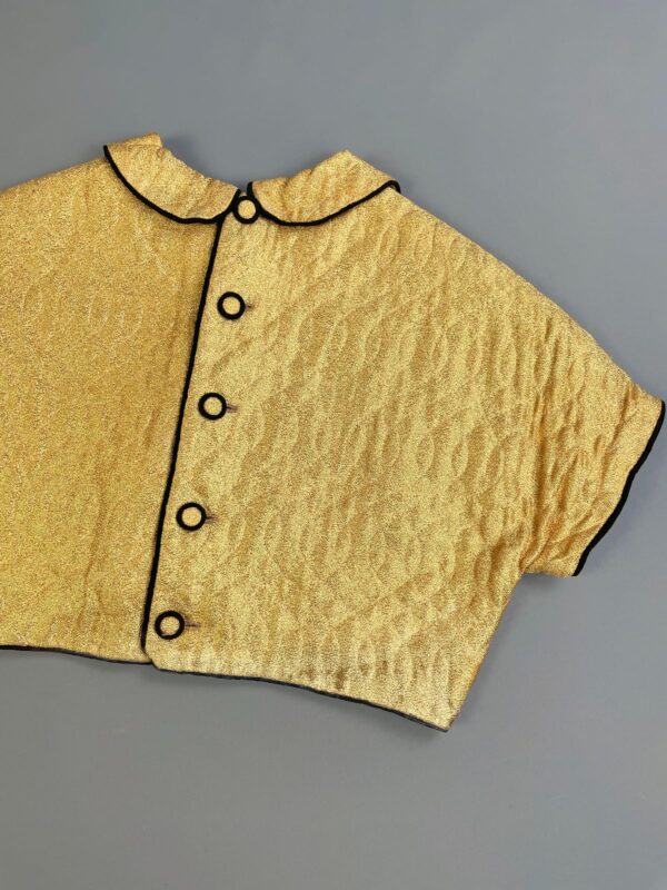 WOW! 1950S METALLIC GOLD QUILTED CROPPED TOP, BLACK PIPING & RIBBON