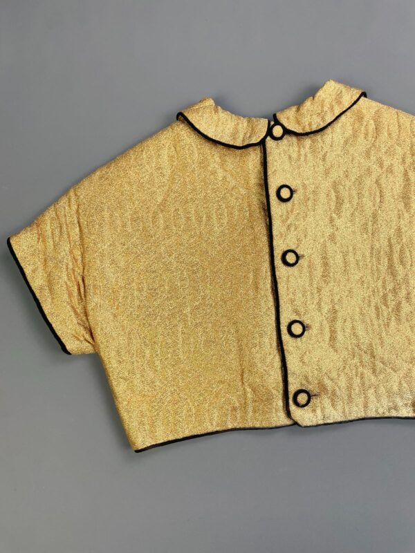 WOW! 1950S METALLIC GOLD QUILTED CROPPED TOP, BLACK PIPING & RIBBON