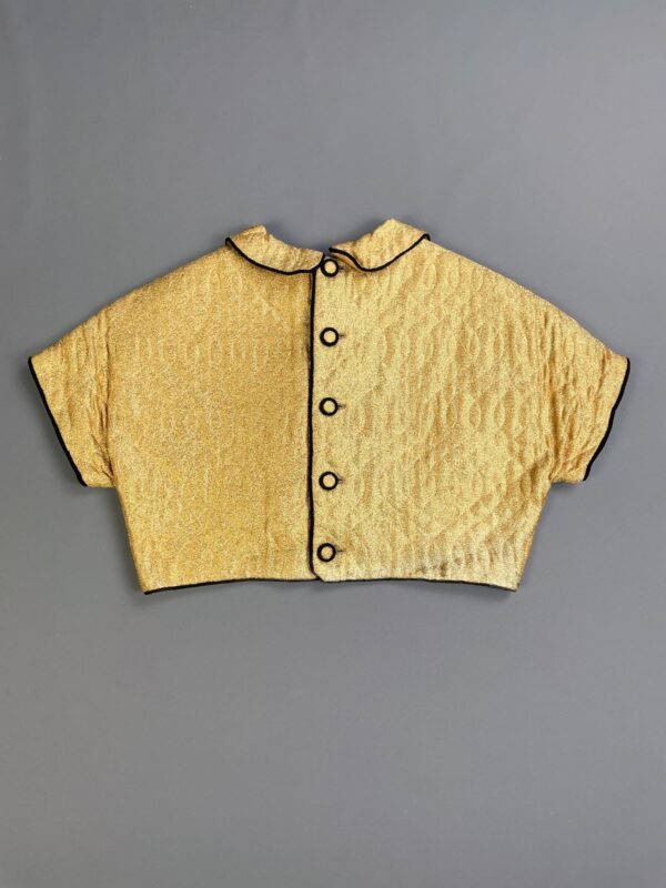 WOW! 1950S METALLIC GOLD QUILTED CROPPED TOP, BLACK PIPING & RIBBON