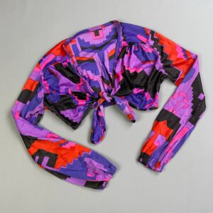 Photo detail:*AS-IS* FUN! 1970S BRIGHT GEOMETRIC PRINT CROPPED LONG SLEEVE TIE FRONT TOP