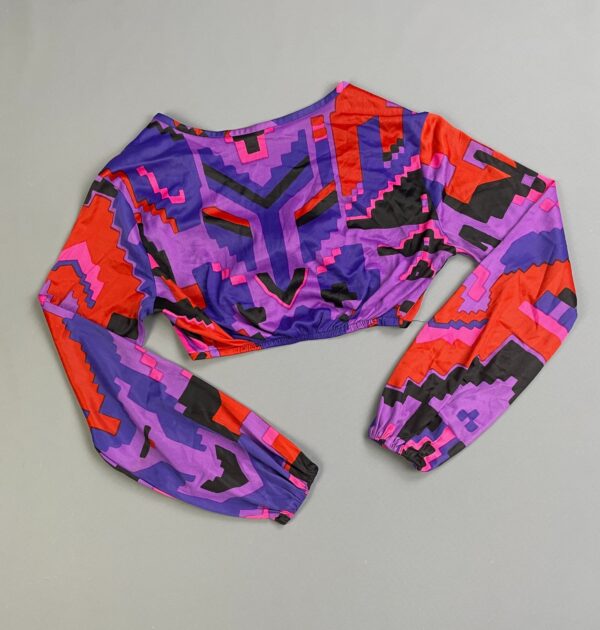 *AS-IS* FUN! 1970S BRIGHT GEOMETRIC PRINT CROPPED LONG SLEEVE TIE FRONT TOP