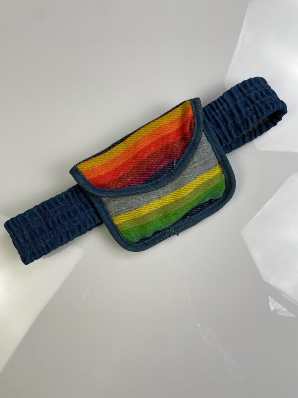 INSANELY AMAZING & RARE!! 1970S DENIM & RAINBOW TEXTILE STRETCH BELT BAG