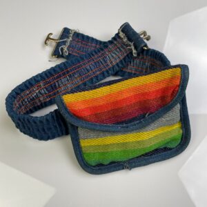 Photo detail:INSANELY AMAZING & RARE!! 1970S DENIM & RAINBOW TEXTILE STRETCH BELT BAG