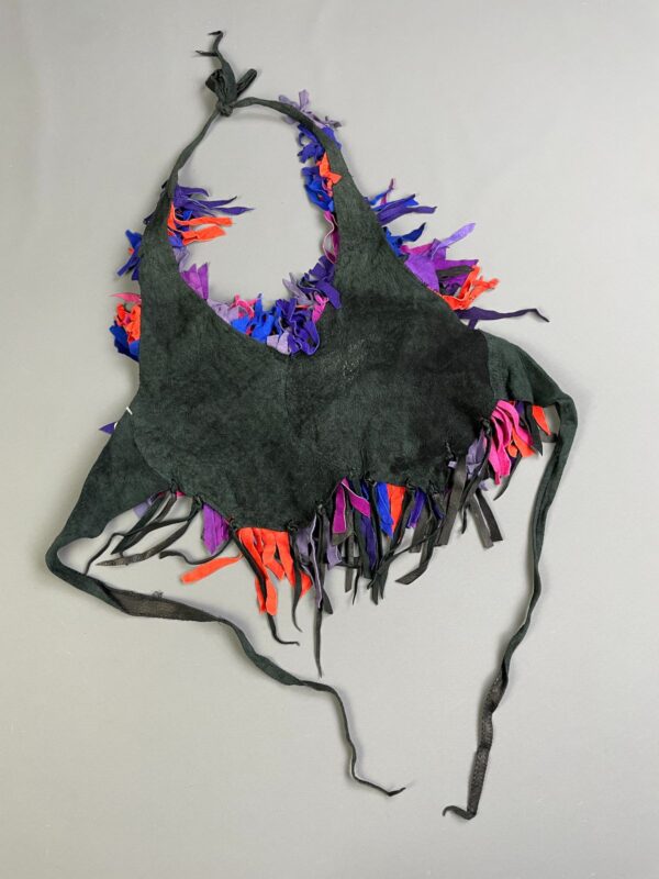 INSANE!!! MULTICOLORED SUEDE LEATHER FRINGE HALTER TOP *SIGNED