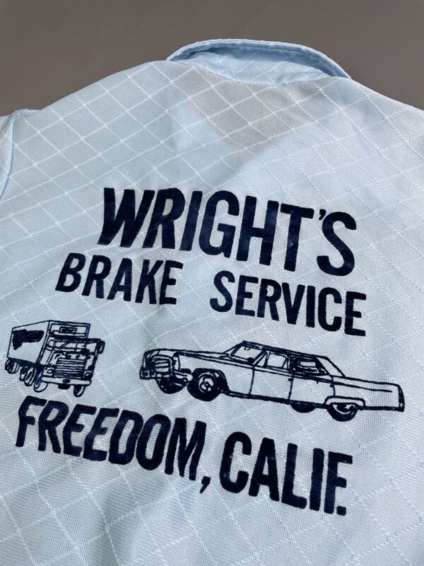 SO RAD! SHEER DIAMOND WEAVE HENLEY POLO SHIRT VELVET FLOCKED LETTERING - WRIGHTS BRAKE SERVICE, FREEDOM, CALIFORNIA