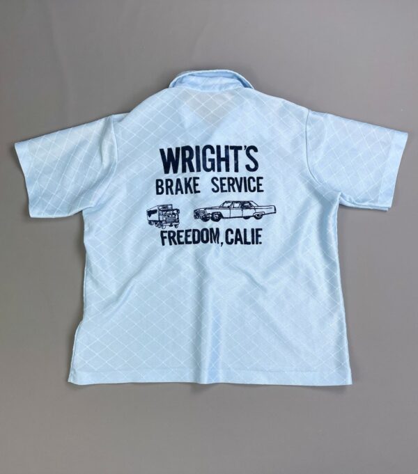 SO RAD! SHEER DIAMOND WEAVE HENLEY POLO SHIRT VELVET FLOCKED LETTERING - WRIGHTS BRAKE SERVICE, FREEDOM, CALIFORNIA