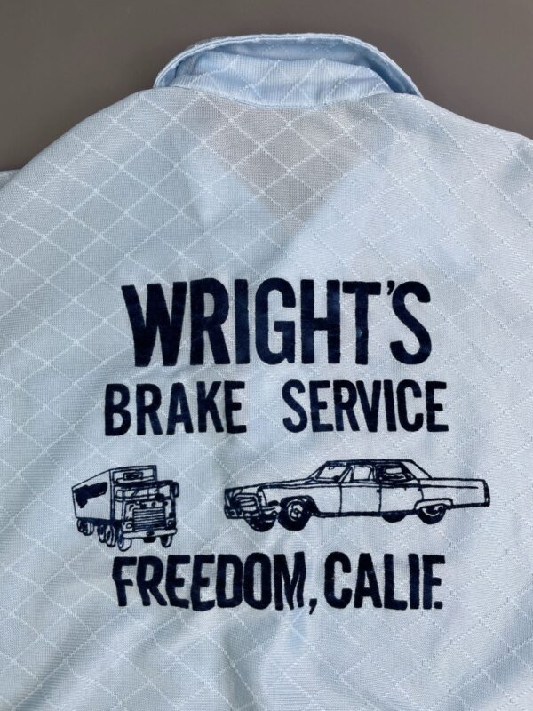 SO RAD! SHEER DIAMOND WEAVE HENLEY POLO SHIRT VELVET FLOCKED LETTERING - WRIGHTS BRAKE SERVICE, FREEDOM, CALIFORNIA