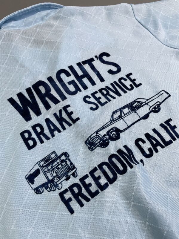 SO RAD! SHEER DIAMOND WEAVE HENLEY POLO SHIRT VELVET FLOCKED LETTERING - WRIGHTS BRAKE SERVICE, FREEDOM, CALIFORNIA