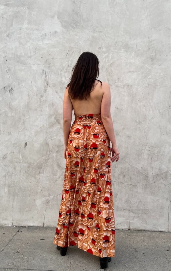 INSANE PRINT! 1970S SLINKY NYLON HALTER MAXI DRESS RUCHED WAIST FLAPPER GIRL CLOUD PRINT