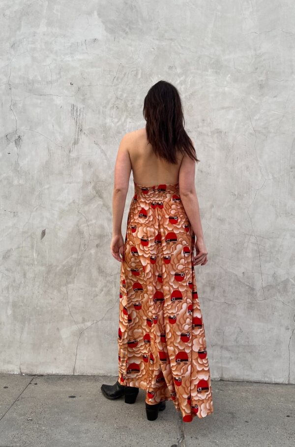 INSANE PRINT! 1970S SLINKY NYLON HALTER MAXI DRESS RUCHED WAIST FLAPPER GIRL CLOUD PRINT