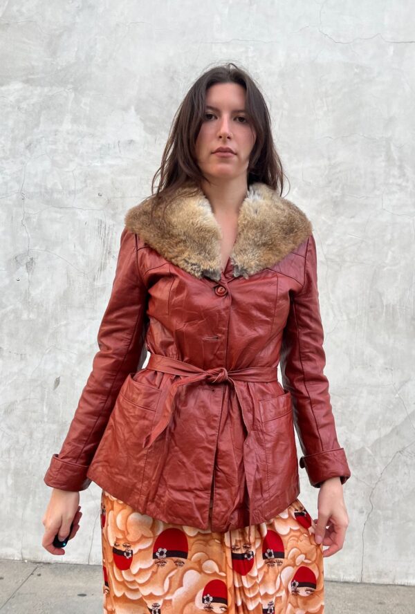 *AS-IS* RETRO 1970S SOFT LEATHER MIDI TRENCH JACKET FUR COLLAR, QUILTED LINING