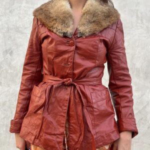 Photo detail:*AS-IS* RETRO 1970S SOFT LEATHER MIDI TRENCH JACKET FUR COLLAR, QUILTED LINING