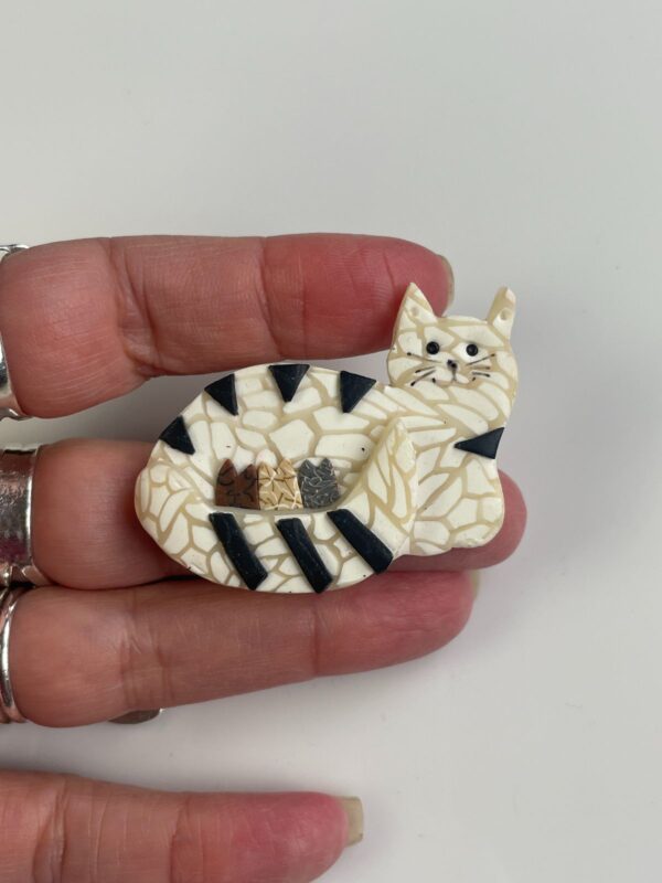 CUTIE MAMA & KITTENS MOSAIC HANDMADE FIMO BROOCH PIN *SIGNED JACQUE 2000