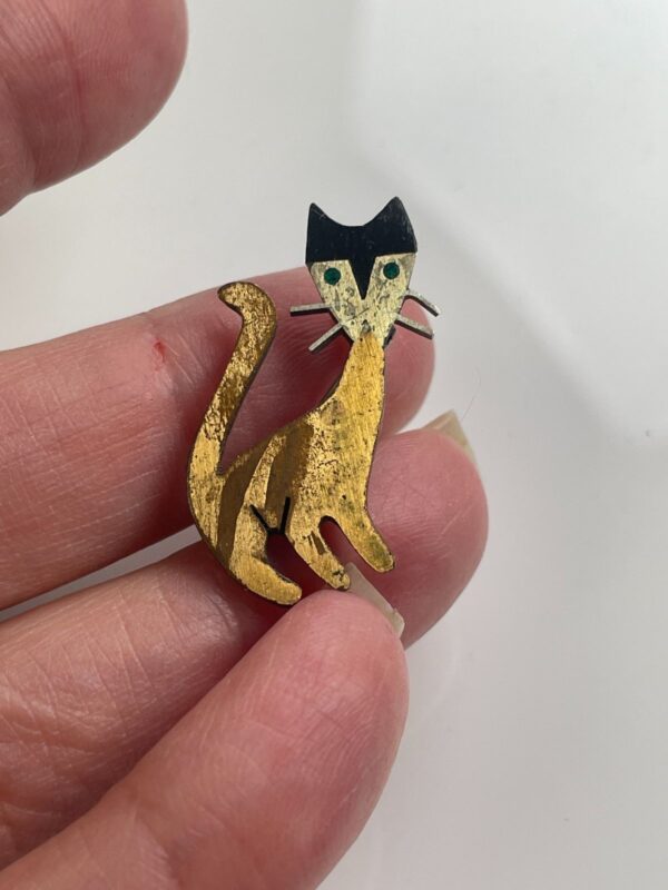 925 BRUSHED STERLING & BRASS CAT BROOCH PIN *STAMPED MEXICO