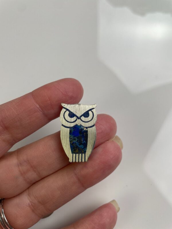 925 STERLING SILVER LAPIS AZUL INLAY OWL BROOCH PIN *STAMPED *SIGNED