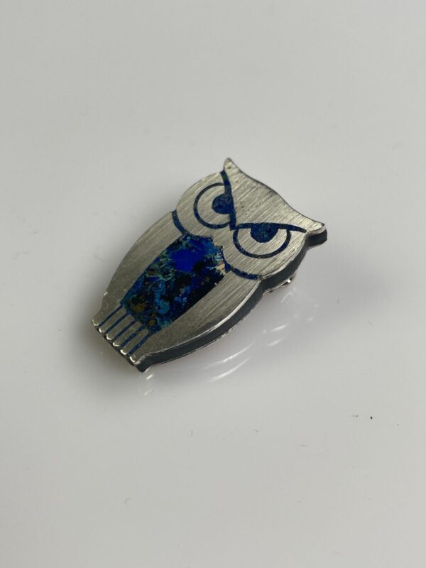 925 STERLING SILVER LAPIS AZUL INLAY OWL BROOCH PIN *STAMPED *SIGNED