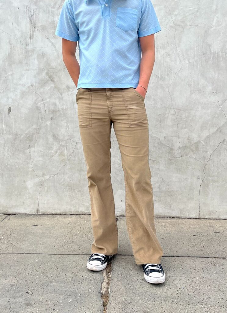 KILLER! 1970S LEVIS WHITE TAB CORDUROY BELL BOTTOM PANTS WELT POCKETS, SNAP BUTTON BACK POCKETS