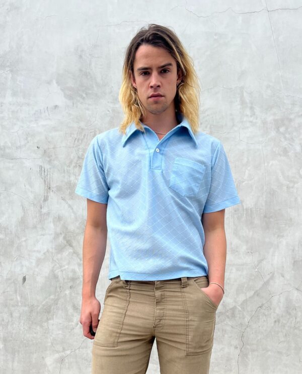 SO RAD! SHEER DIAMOND WEAVE HENLEY POLO SHIRT VELVET FLOCKED LETTERING - WRIGHTS BRAKE SERVICE, FREEDOM, CALIFORNIA